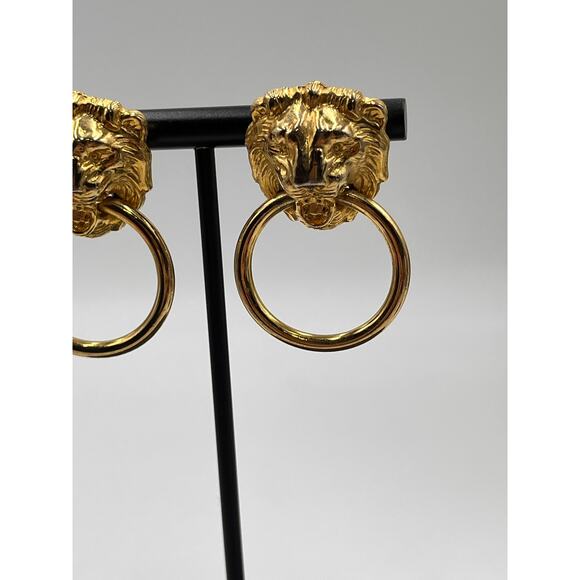 Vintage Lion Head Door Knocker Gold Tone Pierced Dangle Animal Earrings - Picture 8 of 8